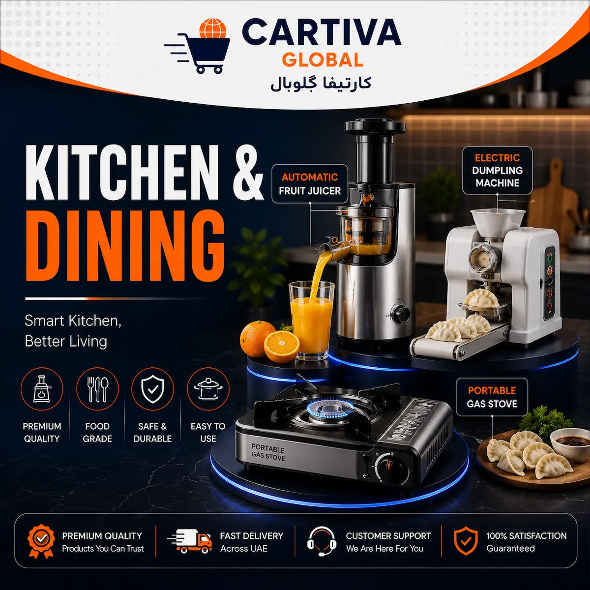 Kitchen & Dining collection banner showcasing cookware, utensils, juicer, and smart kitchen tools with clean modern design by Cartiva Global