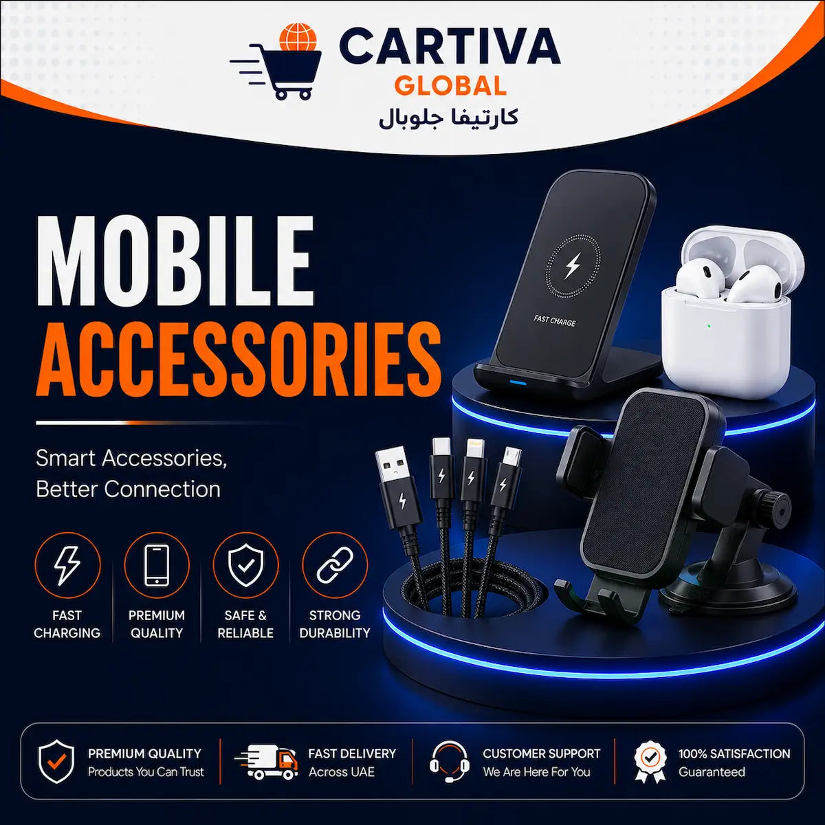 Mobile Accessories collection banner showcasing wireless charger, earbuds, charging cables, and phone holder with premium modern design by Cartiva Global