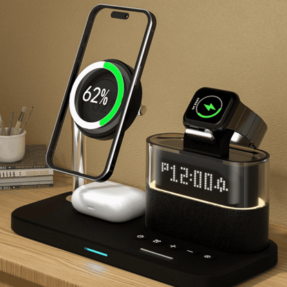 5-in-1 Magnetic Wireless Charging Station with Alarm Clock & RGB Night Light for iPhone, Apple Watch & AirPods