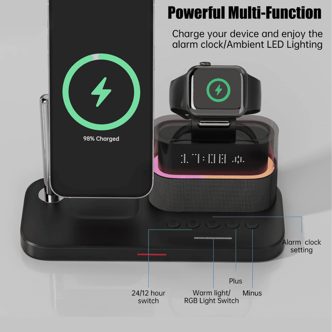 5-in-1 Magnetic Wireless Charging Station with Alarm Clock & RGB Night Light for iPhone, Apple Watch & AirPods