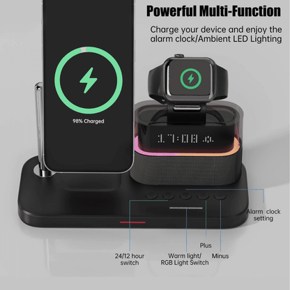 5-in-1 Magnetic Wireless Charging Station with Alarm Clock & RGB Night Light for iPhone, Apple Watch & AirPods